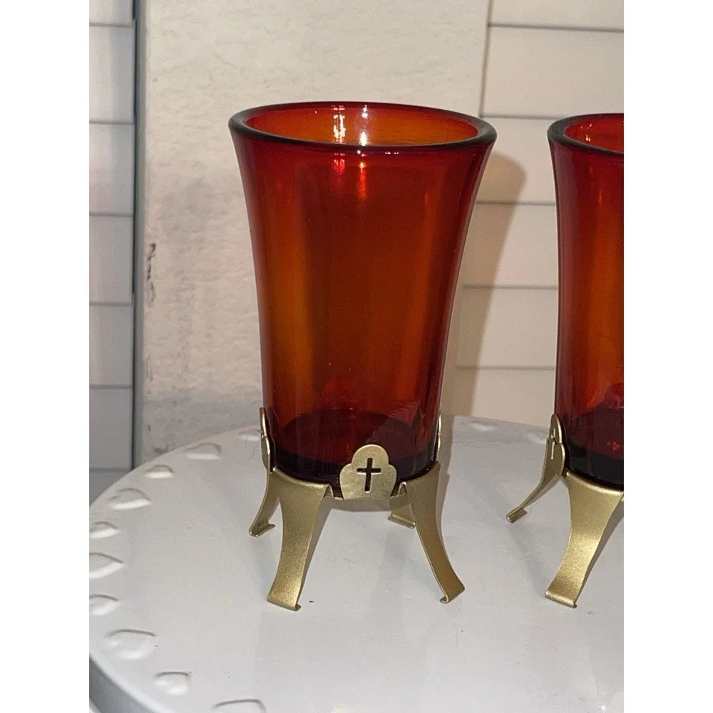 Vintage Pair Of‎ Gold Color Metal Votive Candle Holders Altar Sanctuary Church
